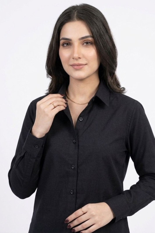 Women’s Solid Button-Down Shirt – Black Casual Long Sleeve Top