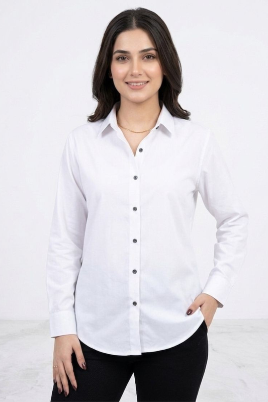 Women’s Solid Button-Down Shirt – White Casual Long Sleeve Top