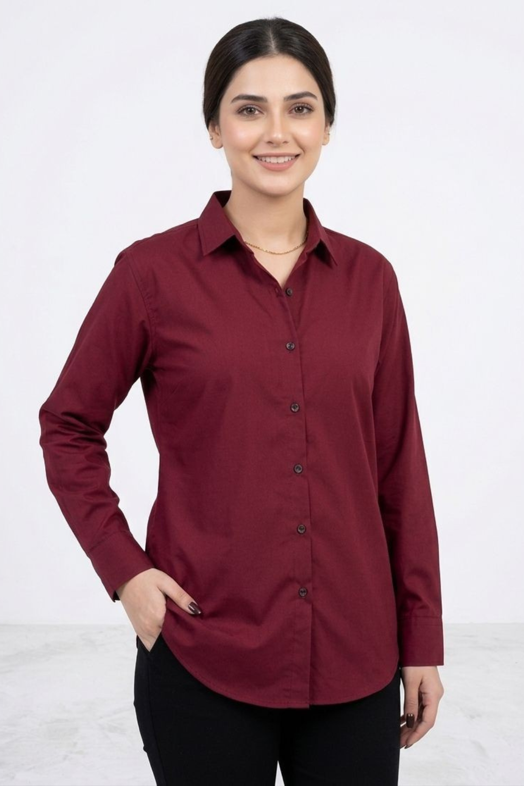 Women’s Solid Button-Down Shirt – Maroon Casual Long Sleeve Top