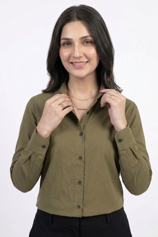 Women’s Solid Button-Down Shirt – Olive Green Casual Long Sleeve Top