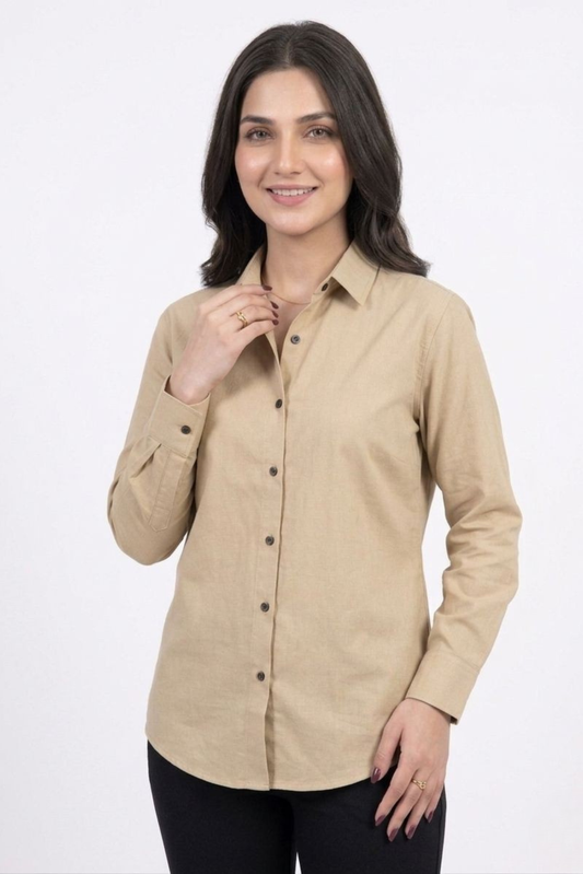 Women’s Solid Button-Down Shirt – Beige Casual Long Sleeve Top