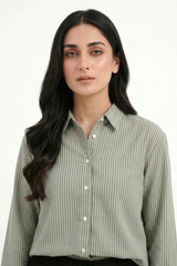 Olive Pinstripe Button‑Down Shirt