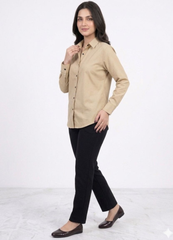 Women’s Solid Button-Down Shirt – Beige Casual Long Sleeve