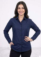 Women’s Solid Button-Down Shirt – Blue Casual Long Sleeve