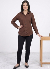 Women’s Solid Button-Down Shirt – Brown Casual Long Sleeve
