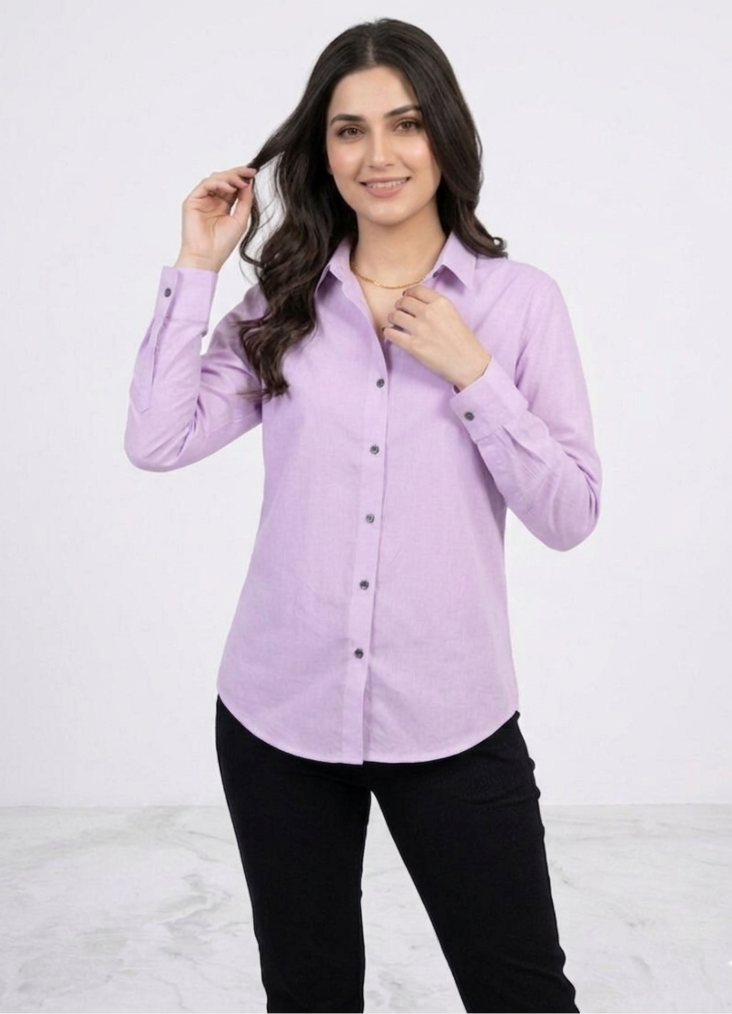 Women’s Solid Button-Down Shirt – Lilac Casual Long Sleeve