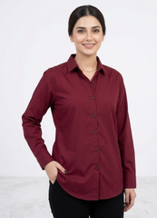 Women’s Solid Button-Down Shirt – Maroon Casual Long Sleeve Top