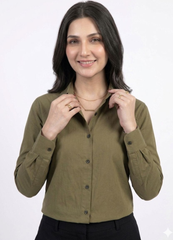 Women’s Solid Button-Down Shirt – Olive Green Casual Long Sleeve Top