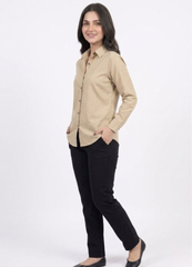 Women’s Solid Button-Down Shirt – Beige Casual Long Sleeve Top
