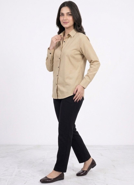 Women’s Solid Button-Down Shirt – Beige Casual Long Sleeve Top