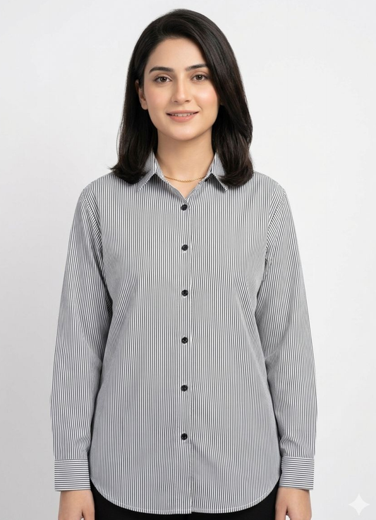 Black Pinstripe Button‑Down Shirt