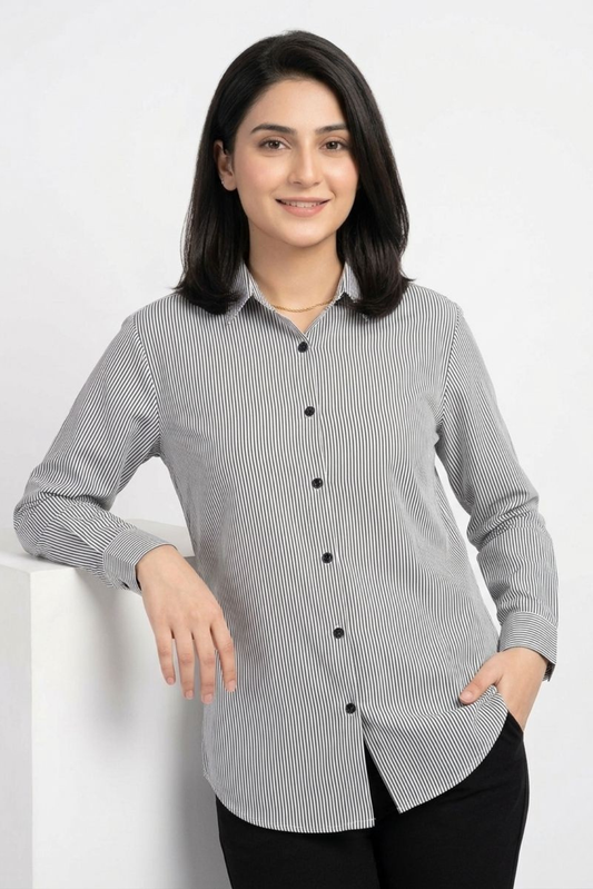 Black Pinstripe Button‑Down Shirt