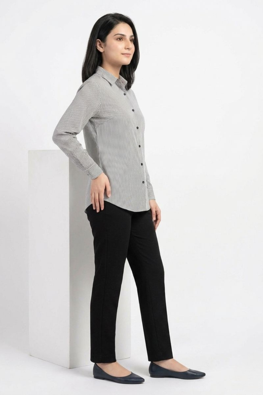 Black Pinstripe Button‑Down Shirt