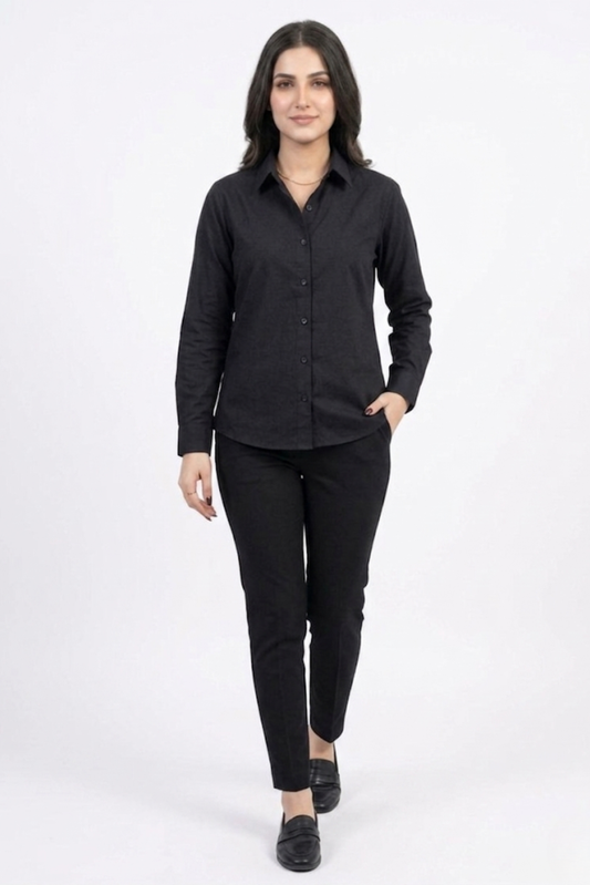 Women’s Solid Button-Down Shirt – Black Casual Long Sleeve Top
