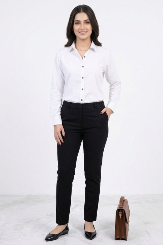 Women’s Solid Button-Down Shirt – White Casual Long Sleeve Top