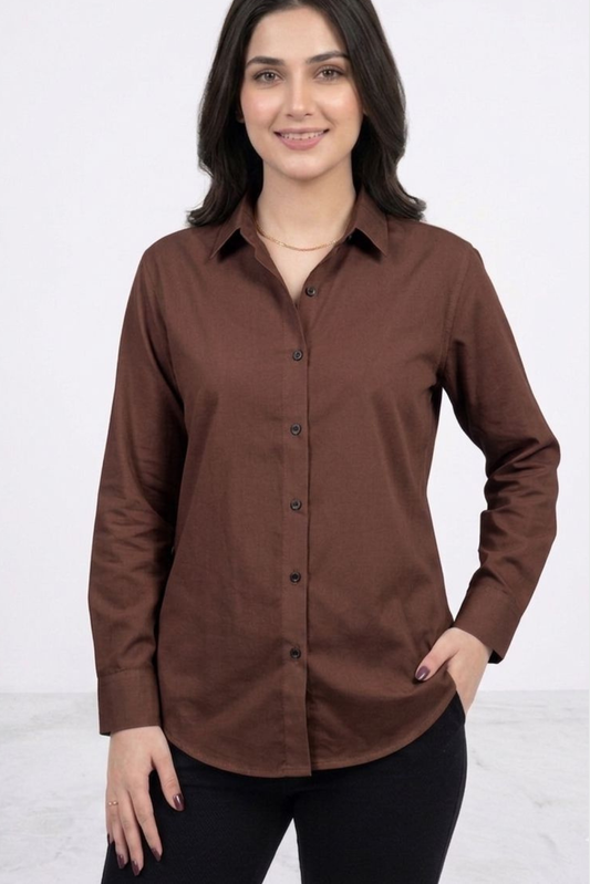Women’s Solid Button-Down Shirt – Brown Casual Long Sleeve Top