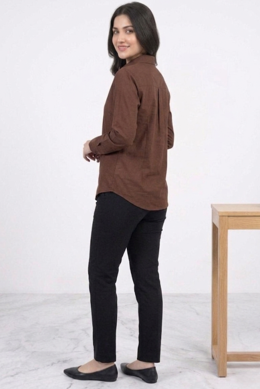Women’s Solid Button-Down Shirt – Brown Casual Long Sleeve Top