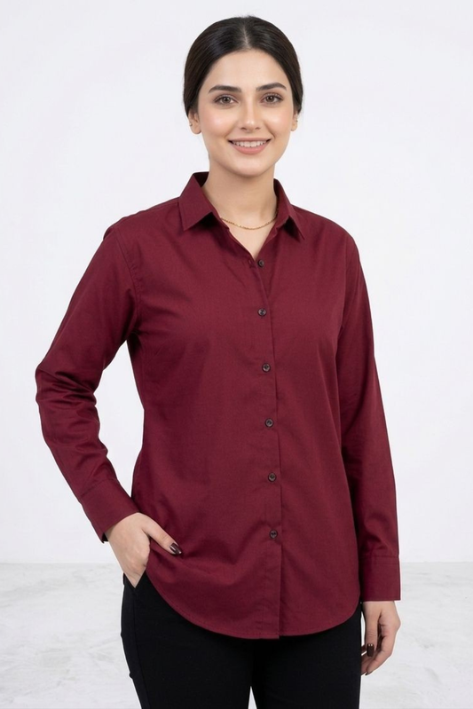 Women’s Solid Button-Down Shirt – Maroon Casual Long Sleeve Top