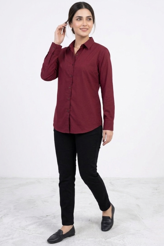 Women’s Solid Button-Down Shirt – Maroon Casual Long Sleeve Top