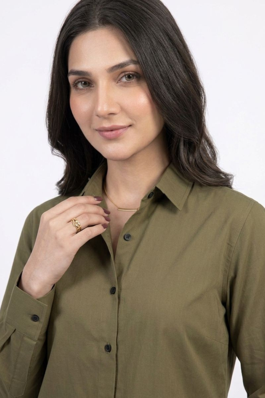 Women’s Solid Button-Down Shirt – Olive Green Casual Long Sleeve Top