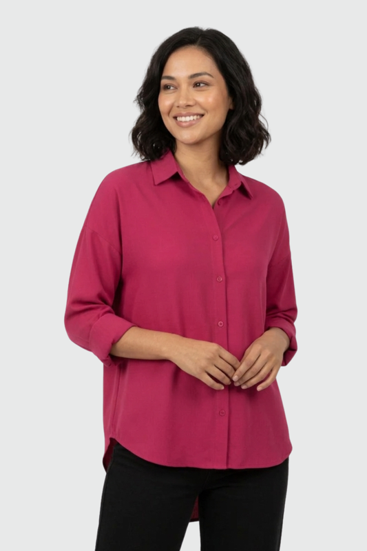 Women’s Solid Button-Down Shirt – Cherry Casual Long Sleeve Top