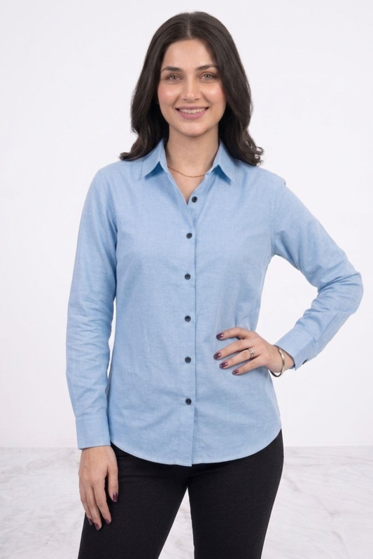 Women’s Solid Button-Down Shirt – Light Blue Casual Long Sleeve Top