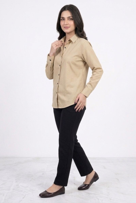 Women’s Solid Button-Down Shirt – Beige Casual Long Sleeve Top