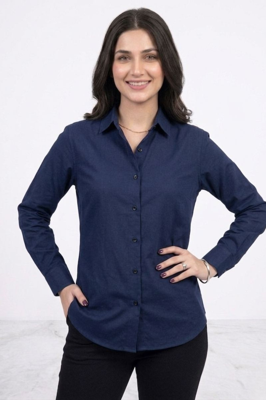 Women’s Solid Button-Down Shirt – Blue Casual Long Sleeve Top