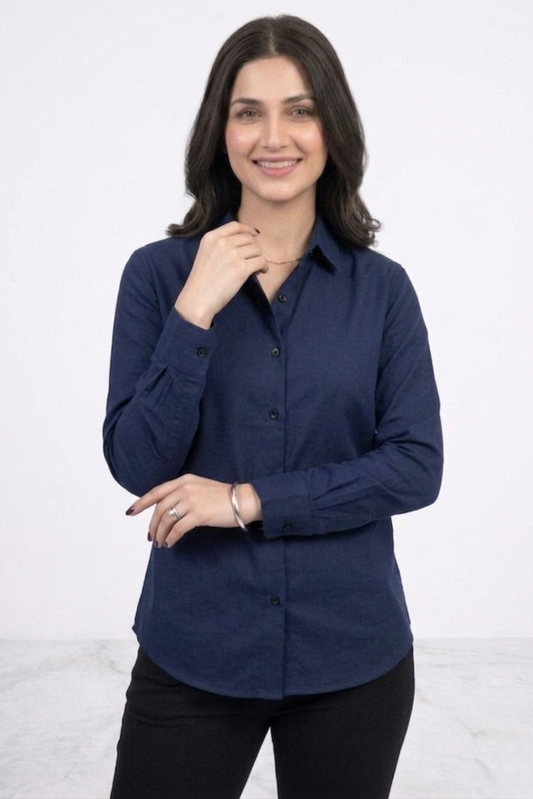 Women’s Solid Button-Down Shirt – Blue Casual Long Sleeve Top