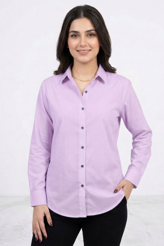 Women’s Solid Button-Down Shirt – Lilac Casual Long Sleeve Top