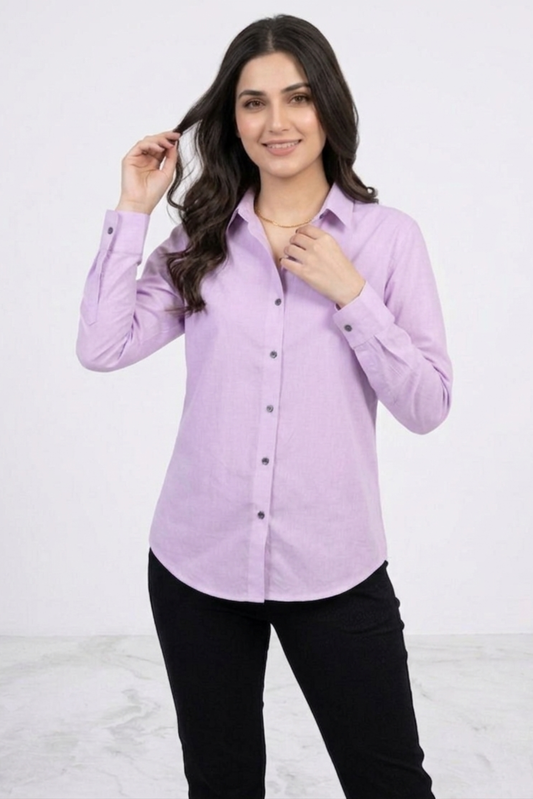 Women’s Solid Button-Down Shirt – Lilac Casual Long Sleeve Top