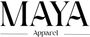 'MAYA Apparel' logo Black on a white background