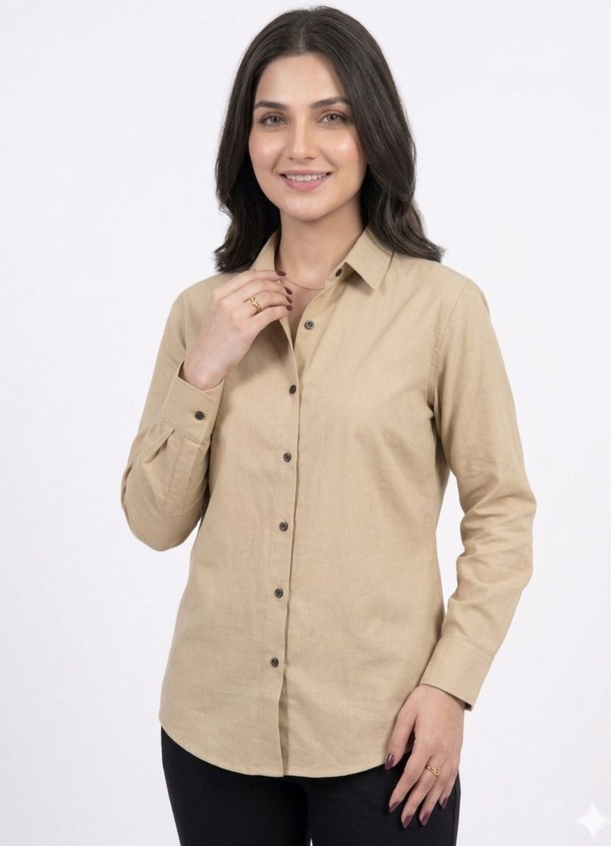 Women’s Solid Button-Down Shirt – Beige Casual Long Sleeve Top