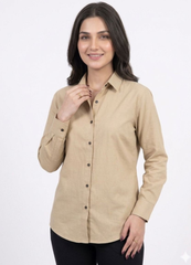 Women’s Solid Button-Down Shirt – Beige Casual Long Sleeve Top