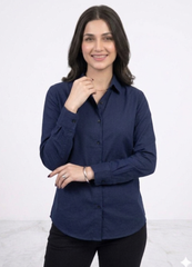 Women’s Solid Button-Down Shirt – Blue Casual Long Sleeve Top