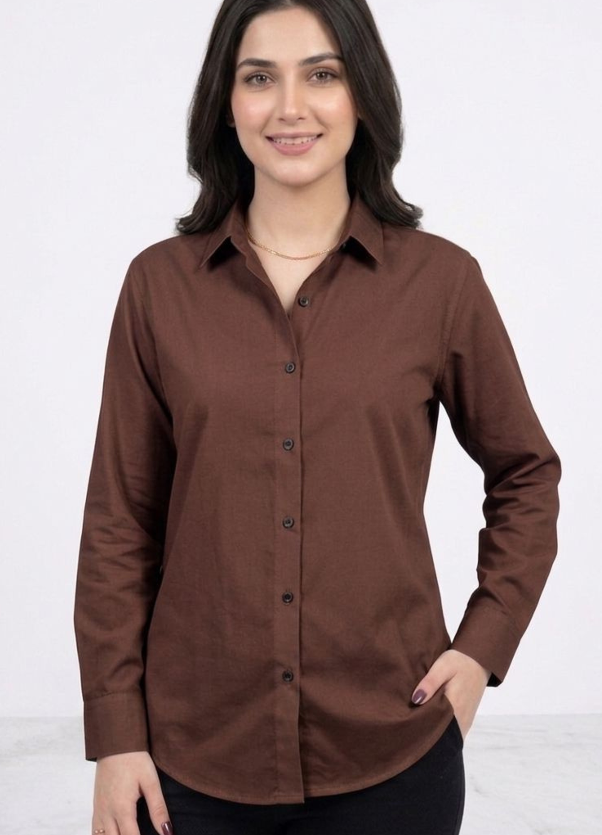Women’s Solid Button-Down Shirt – Brown Casual Long Sleeve Top