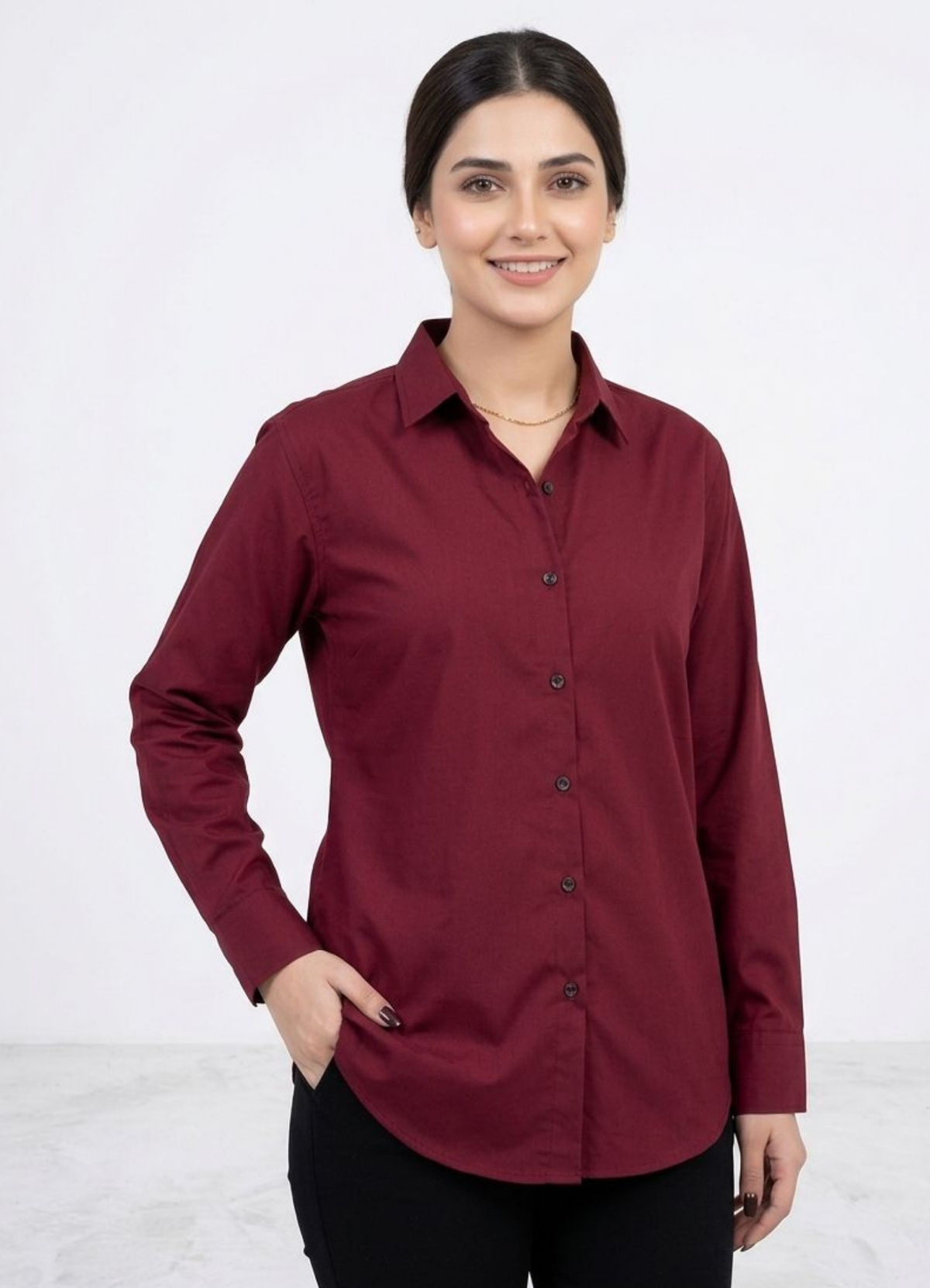Women’s Solid Button-Down Shirt – Maroon Casual Long Sleeve Top