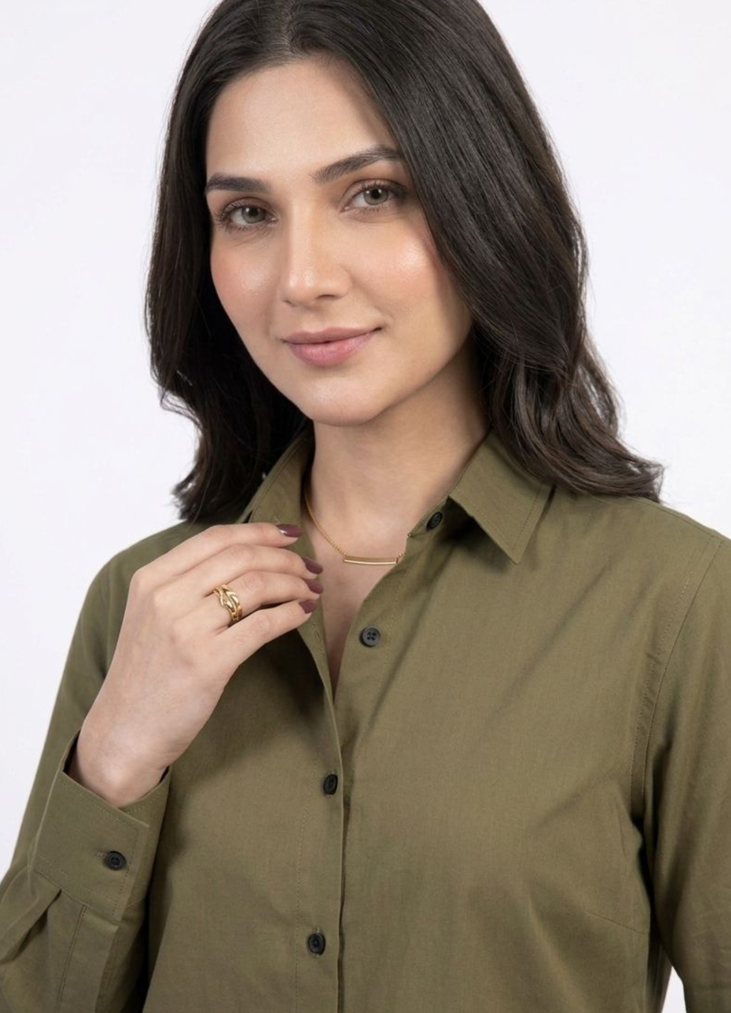 Women’s Solid Button-Down Shirt – Olive Green Casual Long Sleeve