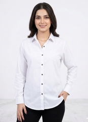 Women’s Solid Button-Down Shirt – White Casual Long Sleeve Top