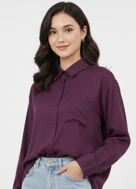 Women’s Solid Button-Down Shirt – Plum Purple Casual Long Sleeve Top
