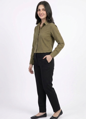 Women’s Solid Button-Down Shirt – Olive Green Casual Long Sleeve Top