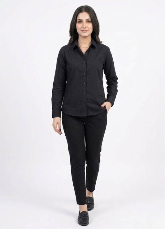 Women’s Solid Button-Down Shirt – Black Casual Long Sleeve Top