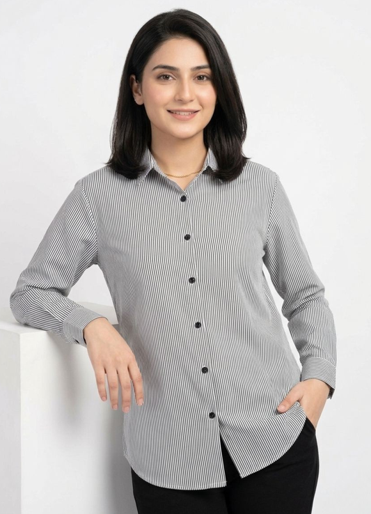 Black Pinstripe Button‑Down Shirt