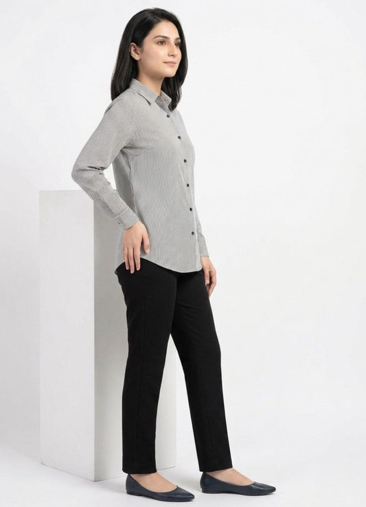 Black Pinstripe Button‑Down Shirt