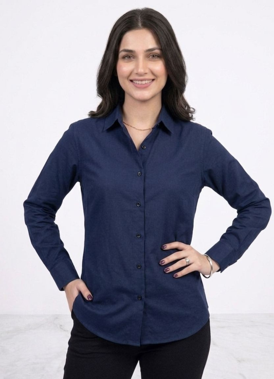 Women’s Solid Button-Down Shirt – Blue Casual Long Sleeve Top